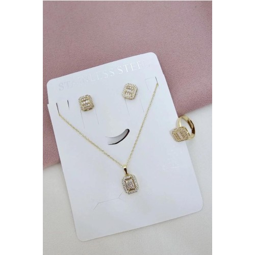 Set bijuterii dreptunghi cu pietre din otel inoxidabil 316L, placat cu aur