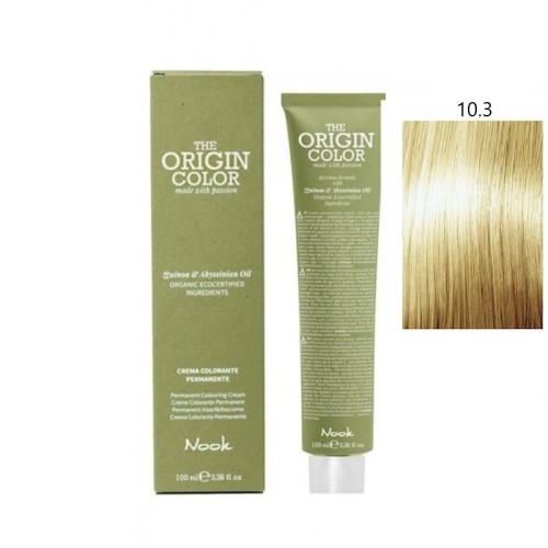 Vopsea permanenta cu amoniac fara PPD si fara Resorcinol, Nook Origin Color blond platinat auriu 10.3 100ml