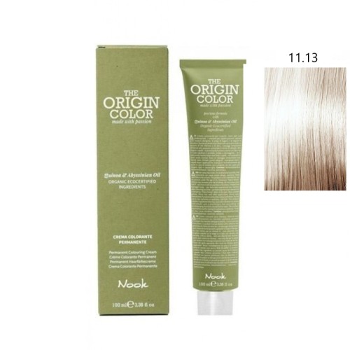 Vopsea permanenta cu amoniac fara PPD si fara Resorcinol, Nook Origin Color blond platinat deschis cenusiu auriu 11.13 100ml