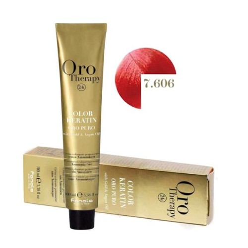 Vopsea fara amoniac - Fanola Oro Therapy Color Keratin -7.606 blond rosu aprins